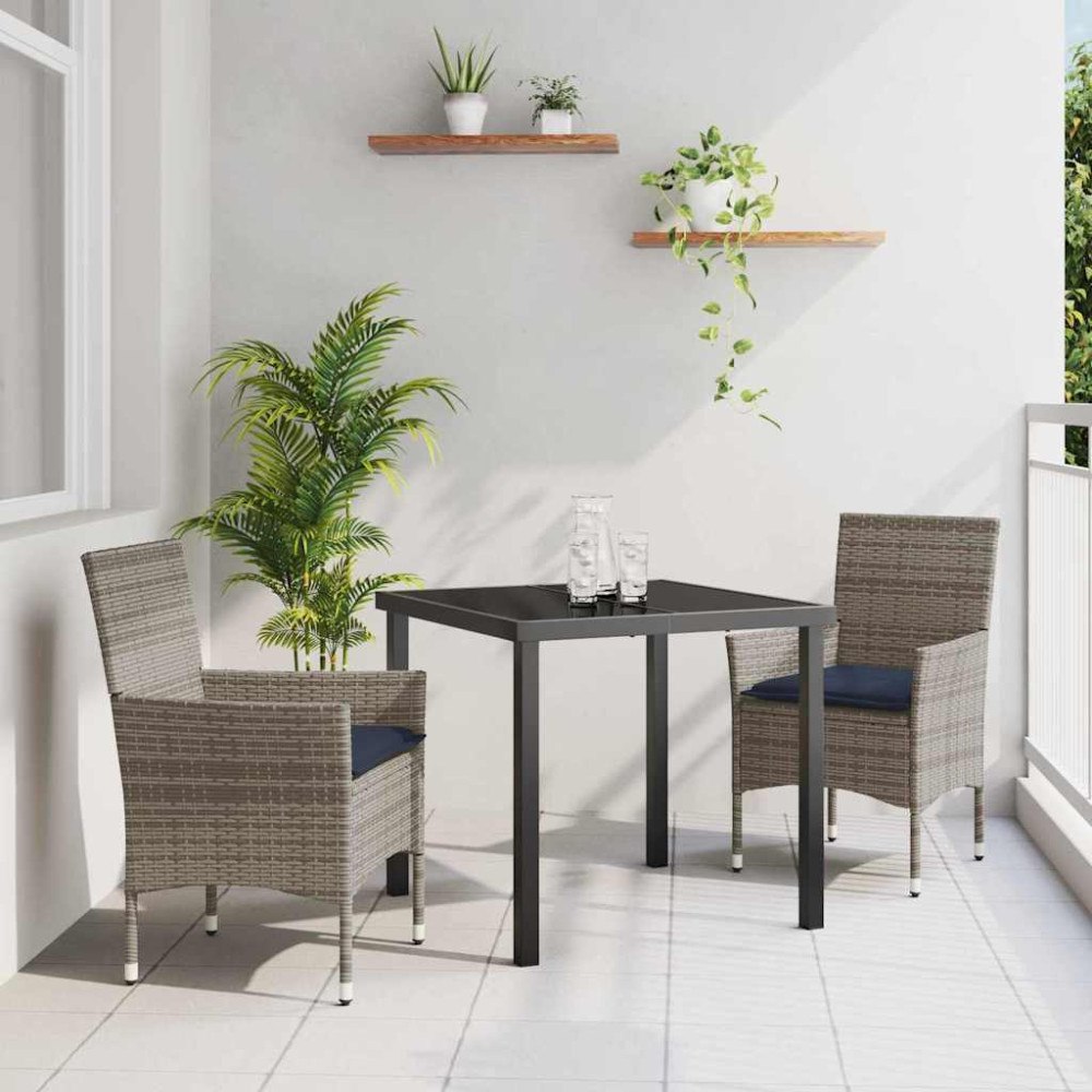 vidaXL Bord- och stolset med kudde 3 pcs Grå PE Rattan