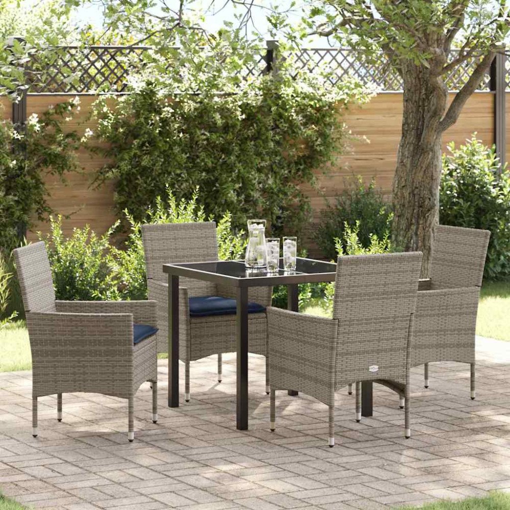 vidaXL Bord- och stolset med kudde 5 pcs Grå PE Rattan