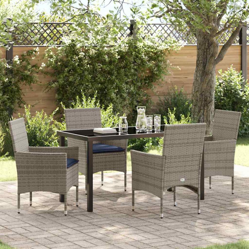 vidaXL Bord- och stolset med kudde 5 pcs Grå PE Rattan