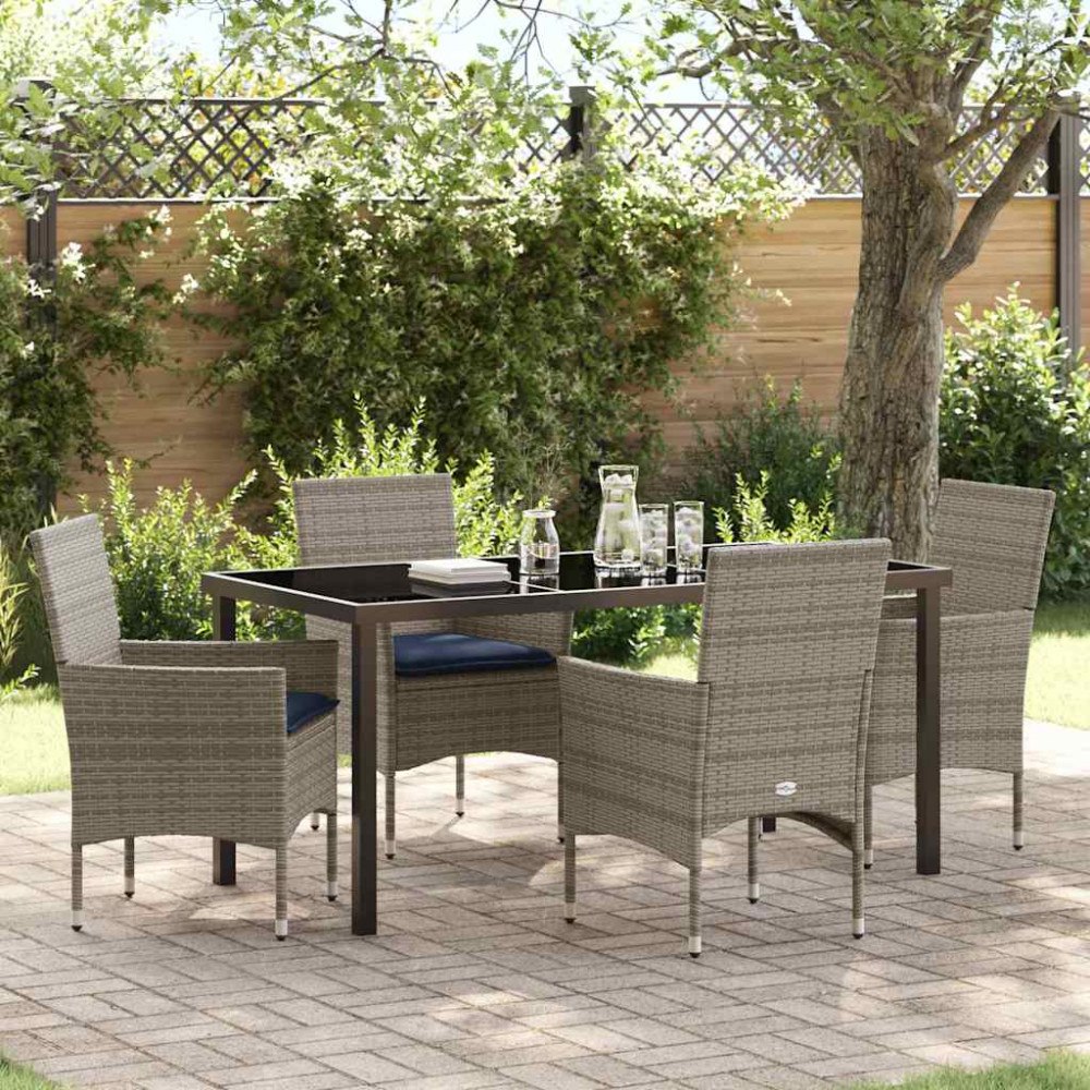 vidaXL Bord- och stolset med kudde 5 pcs Grå PE Rattan