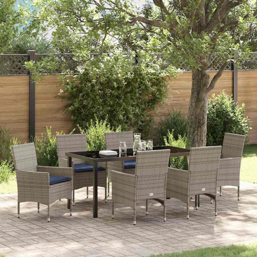 vidaXL Bord- och stolset med kudde 7 pcs Grå PE Rattan
