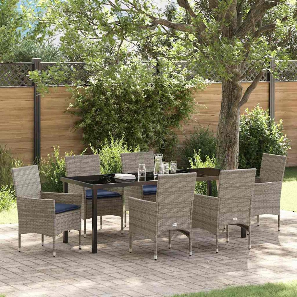 vidaXL Bord- och stolset med kudde 7 pcs Grå PE Rattan