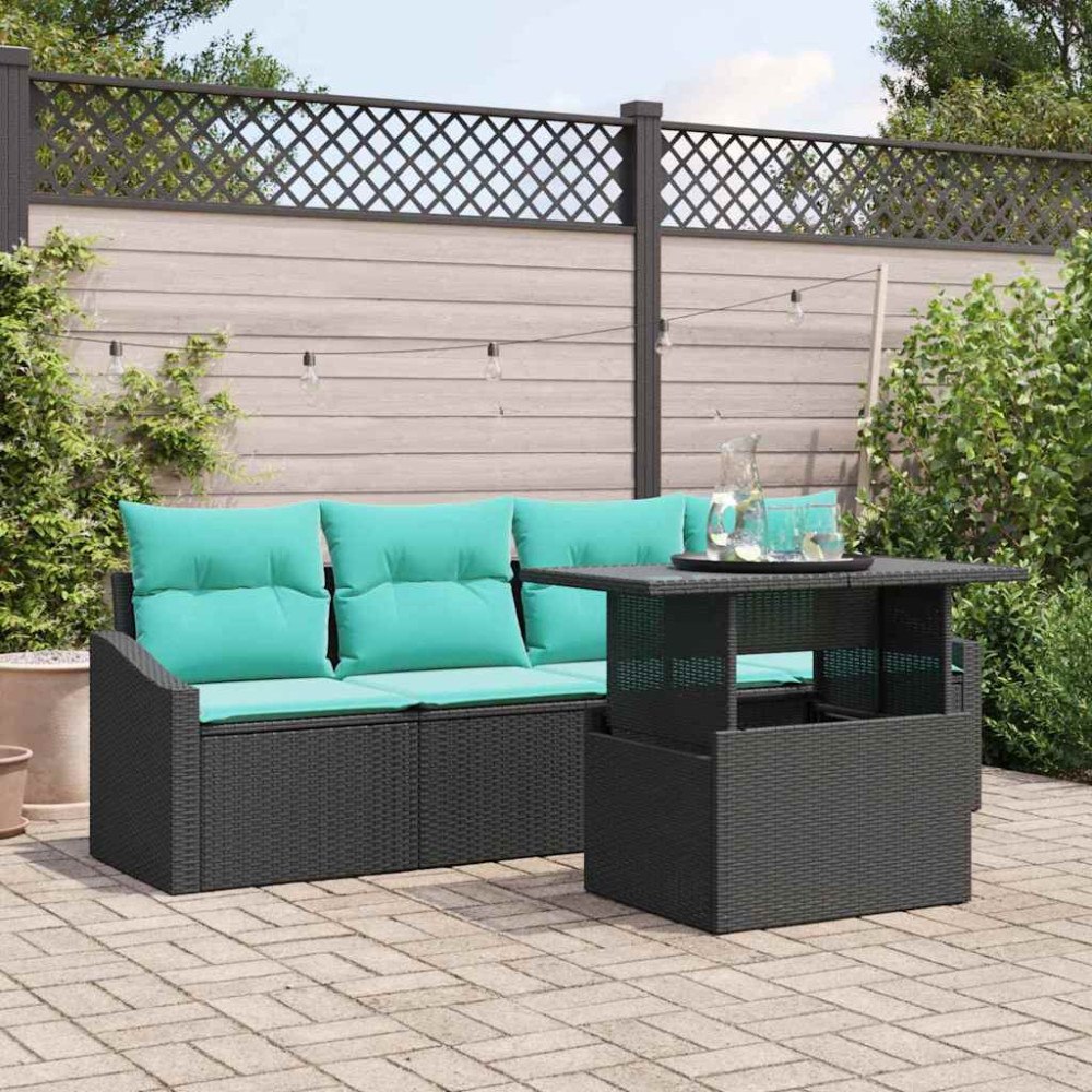 vidaXL Trädgårdsoffset med lagring 5 pcs Svart och blå Poly rattan