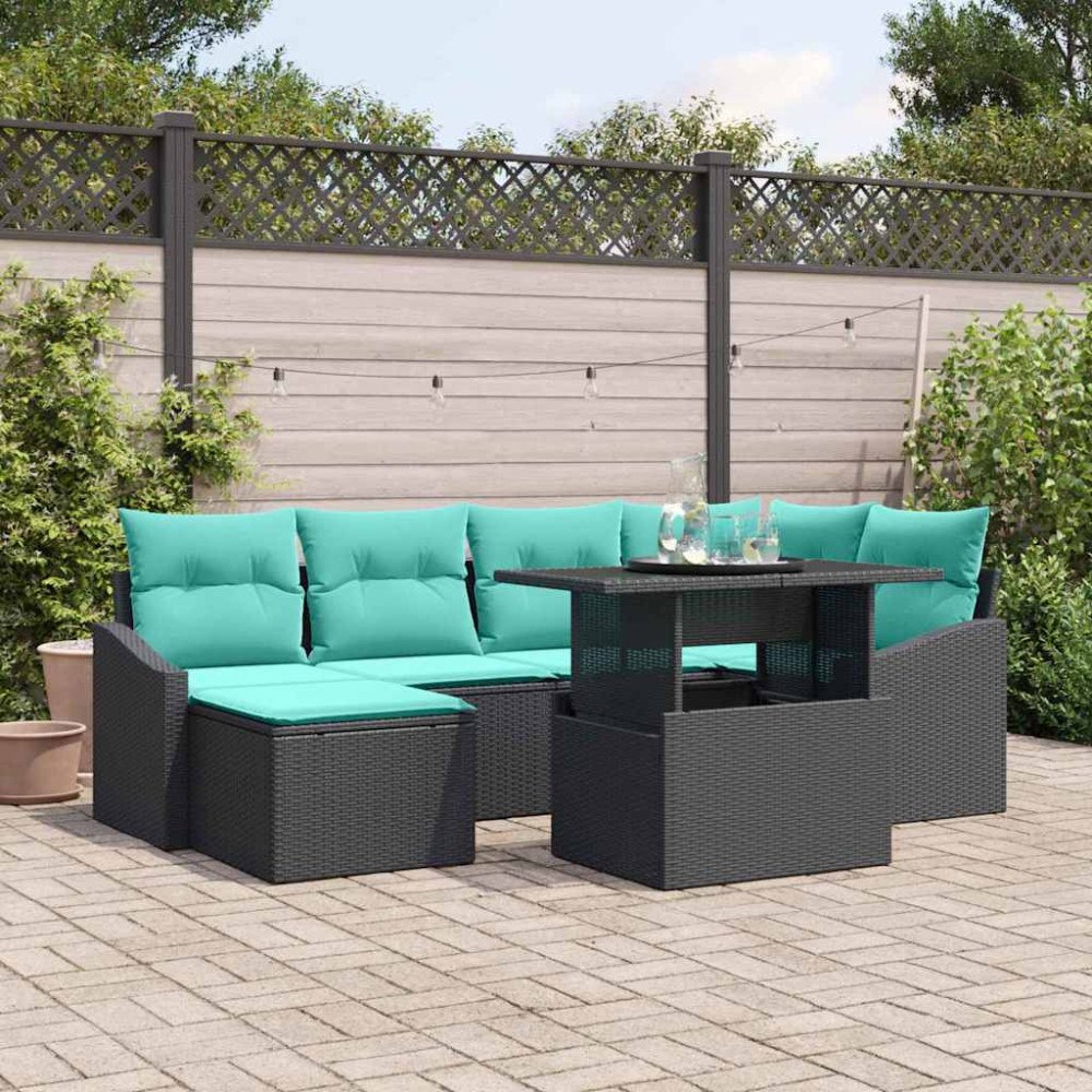 vidaXL Soffset med kudde med lagring 7 pcs Svart och blå Poly rattan