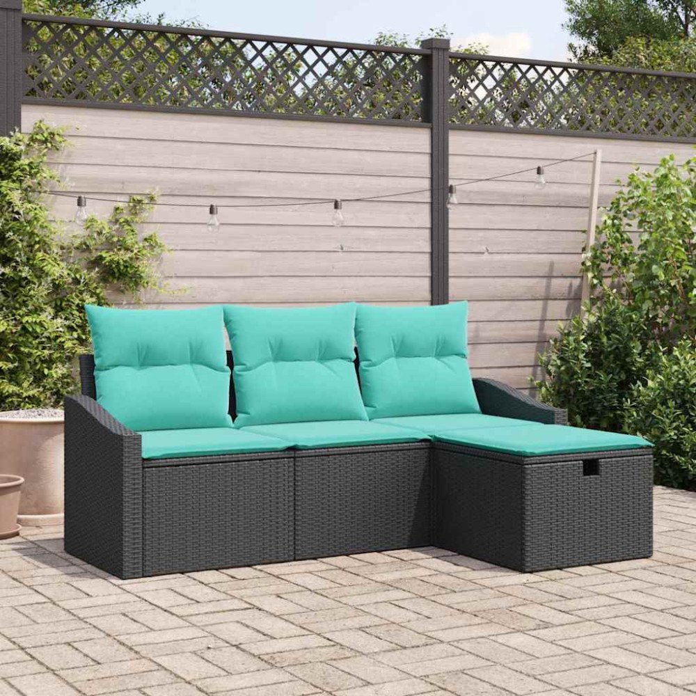 vidaXL Soffset med kudde med lagring 4 pcs Svart Poly rattan