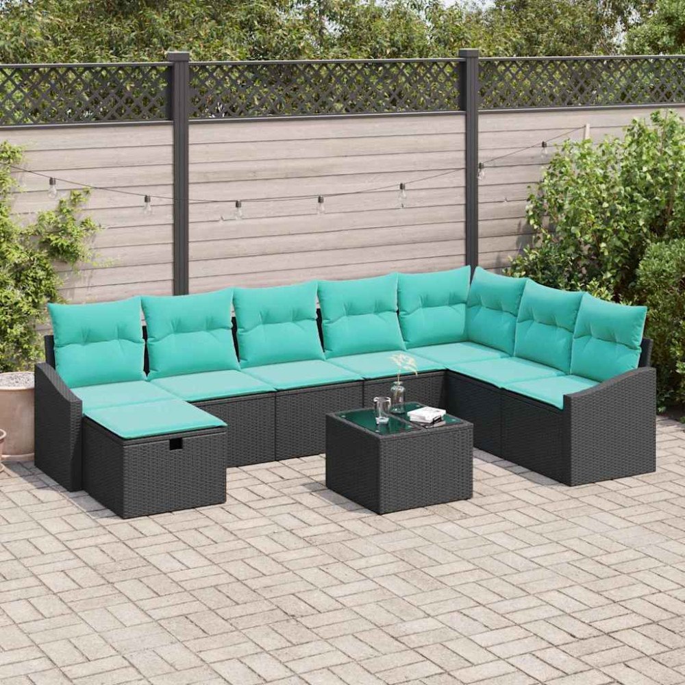 vidaXL Trädgårdsoffset med kudde 9 pcs Svart Poly rattan