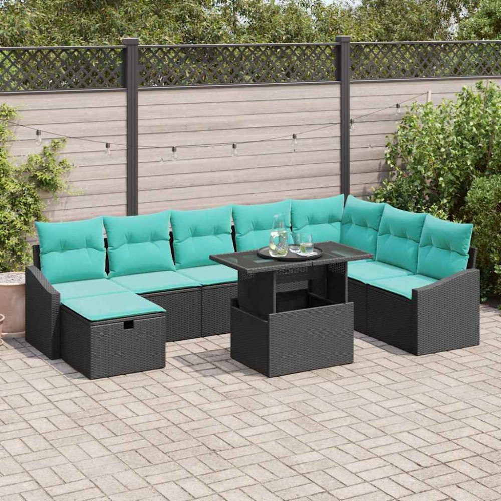 vidaXL Trädgårdsoffset med kudde med lagring 9 pcs Svart Poly rattan