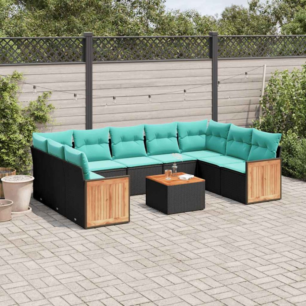 vidaXL 10 delar trädgårdssoffgrupp med dynor svart polyrotting