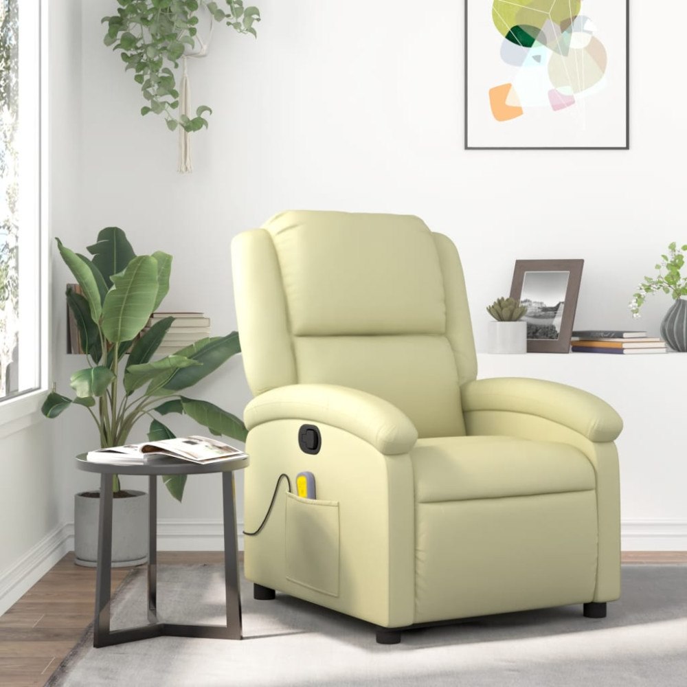 vidaXL Massagefåtölj krämfärgad äkta läder