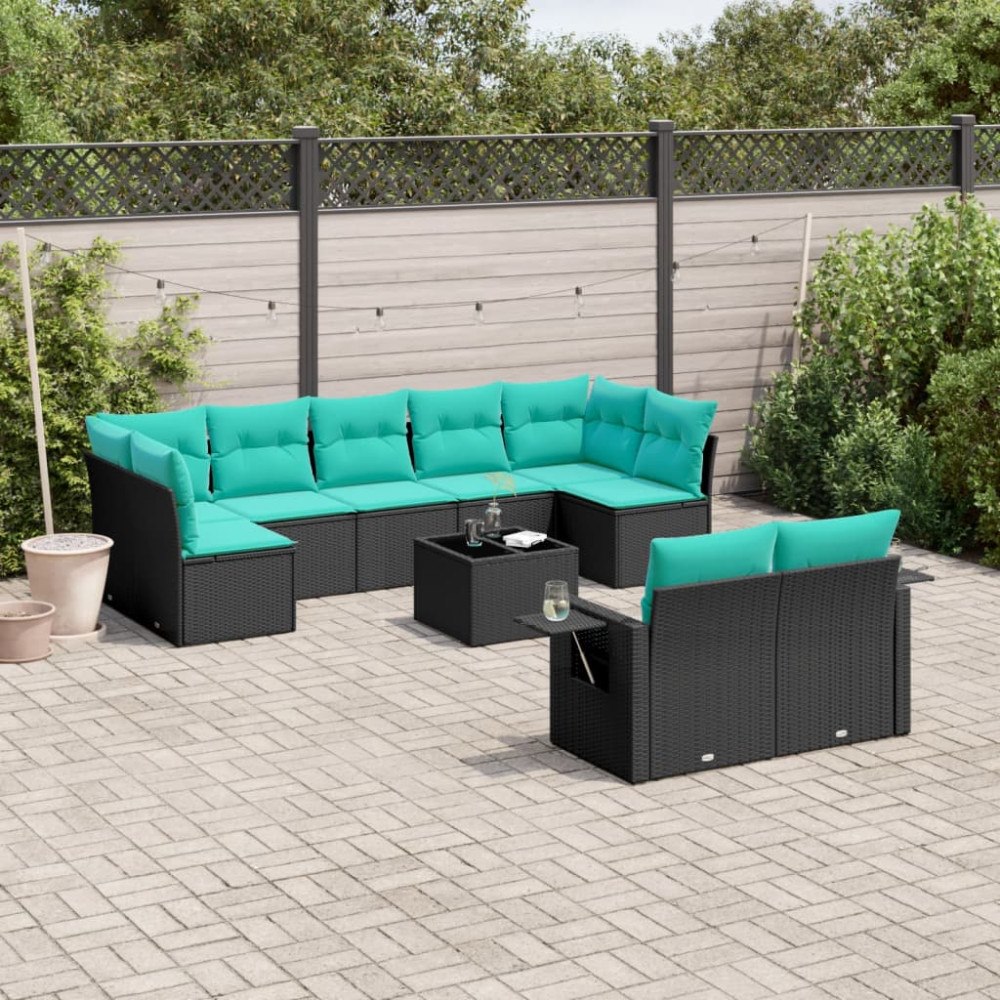 vidaXL 10 delar trädgårdssoffgrupp med dynor svart polyrotting