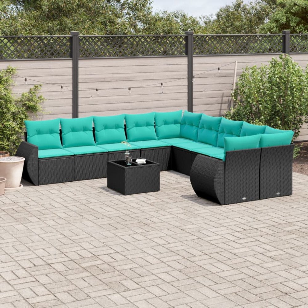 vidaXL 11 delar trädgårdssoffgrupp med dynor svart polyrotting