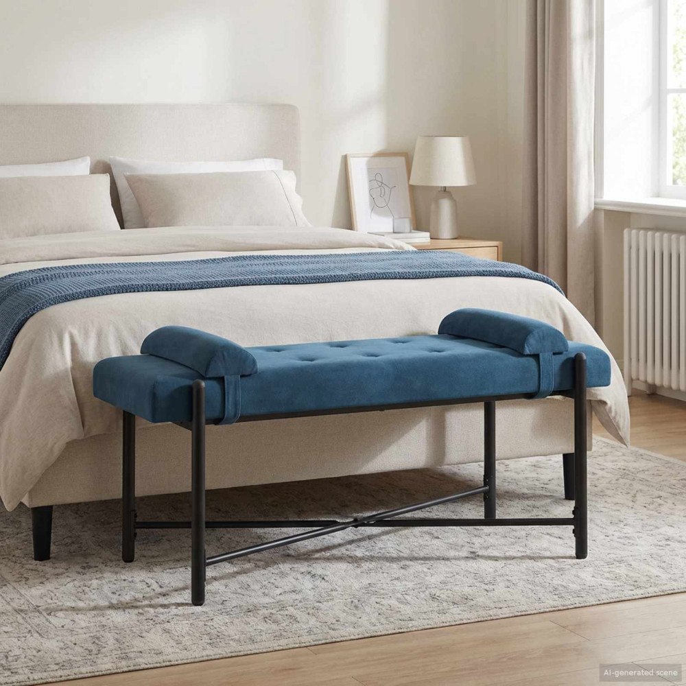 vidaXL Knappstoppad bänk med kuddar Blå 110 x 40 x 46 cm Sammet