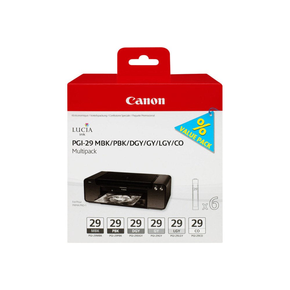 CANON Canon PGI-29 MBK/PBK/DGY/GY/LGY/CO Multipack - 6-pack - grå, ljusgrå, mörkgrå, mattsvart, foto-svart, kromoptimerare - o...