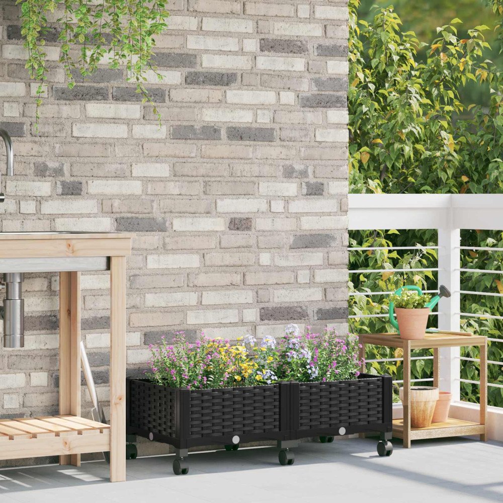 vidaXL Trädgårdsplanterare med hjul Svart 80 x 40 x 29 cm PP