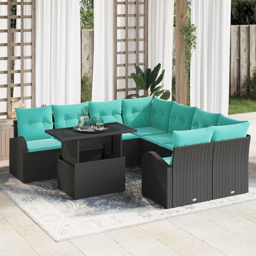 vidaXL Trädgårdsoffset med kudde med lagring 9 pcs Svart Poly Rattan