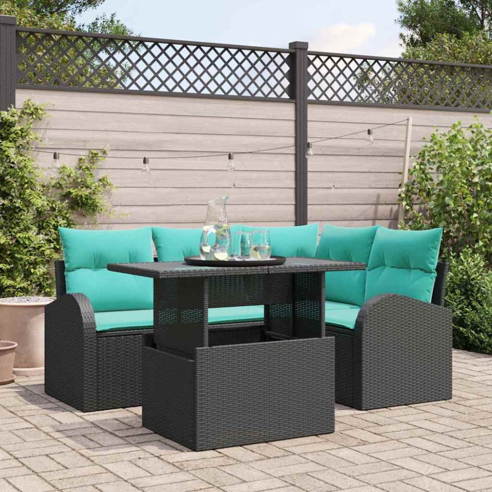vidaXL Trädgårdsoffset med kudde med lagring 5 pcs Svart Poly rattan