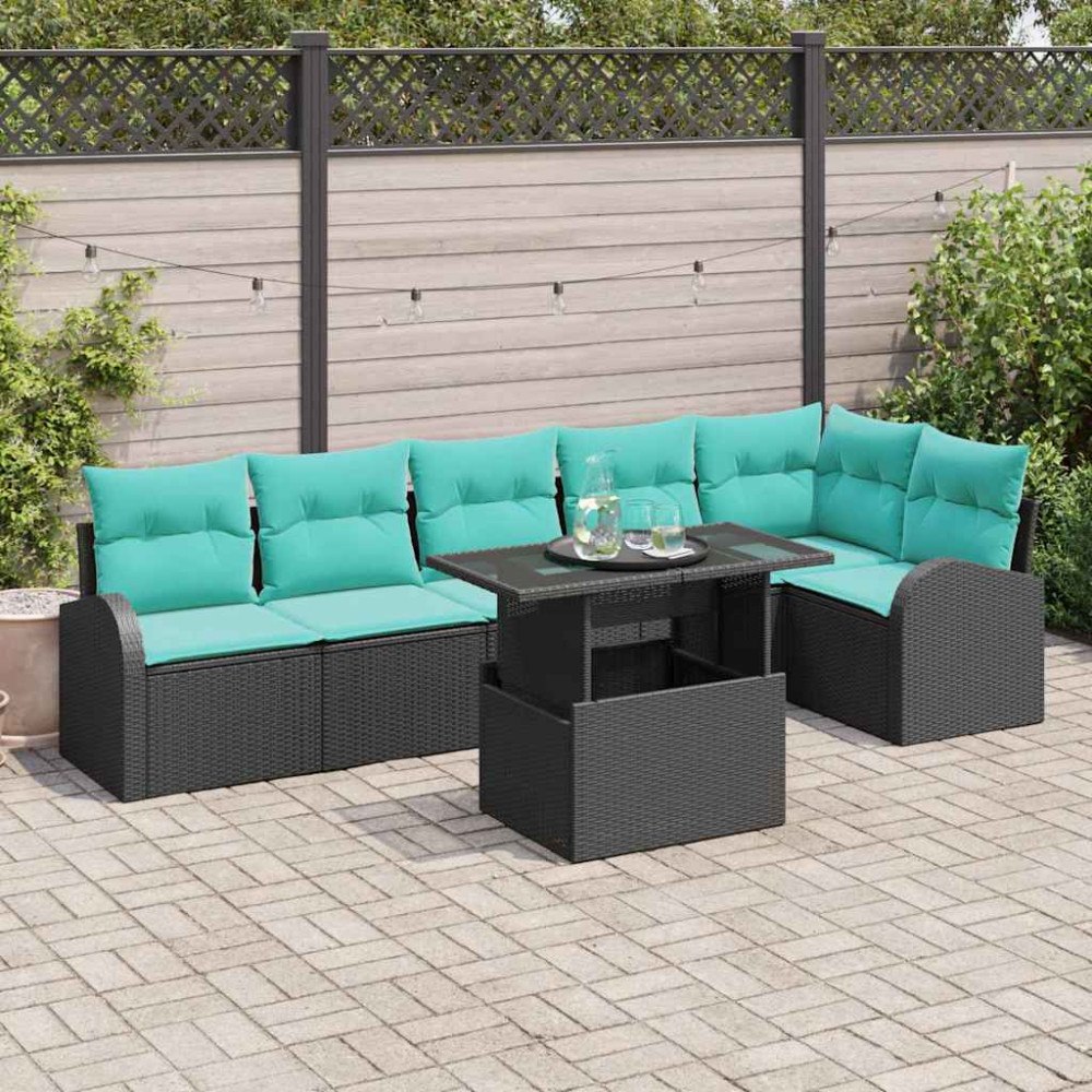 vidaXL Trädgårdsoffset med kudde med lagring 7 pcs Svart Poly rattan