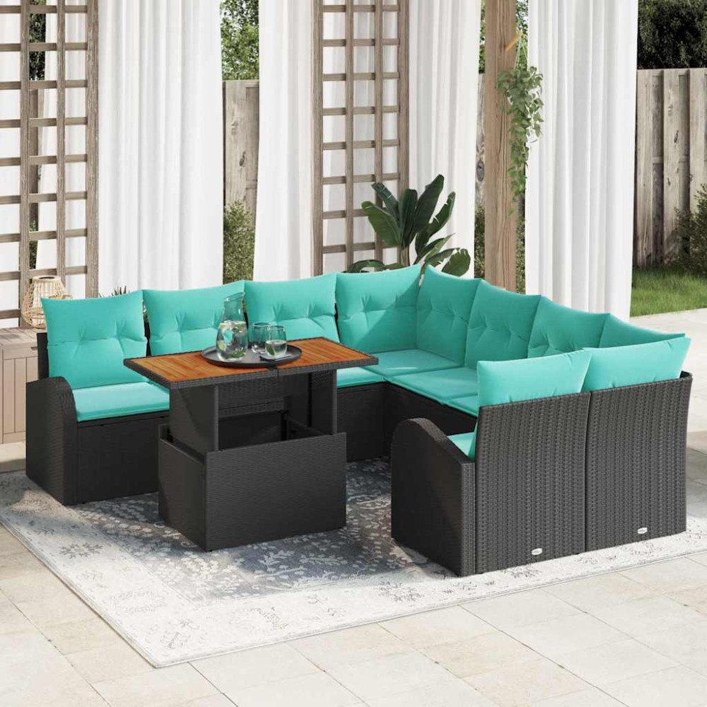 vidaXL Trädgårdsoffset med lagring 9 pcs Svart Poly rattan