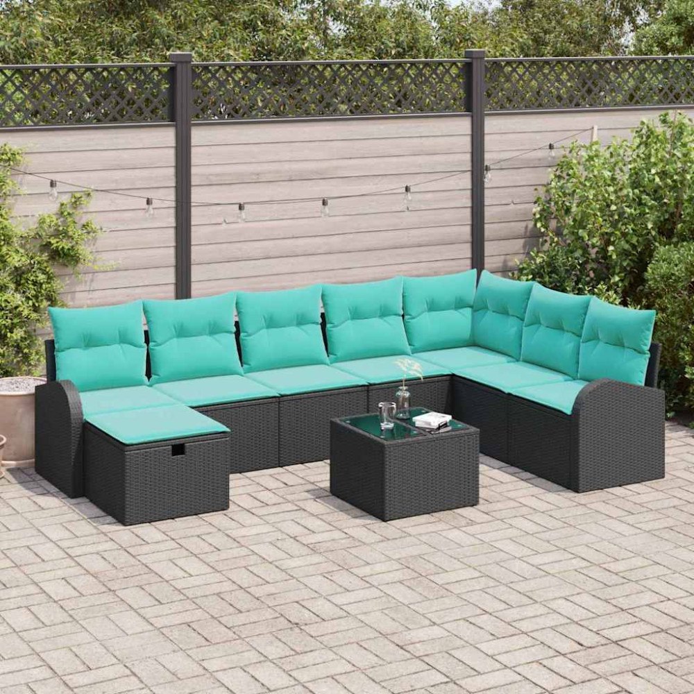 vidaXL Trädgårdsoffset med kudde med lagring 9 pcs Svart Poly rattan