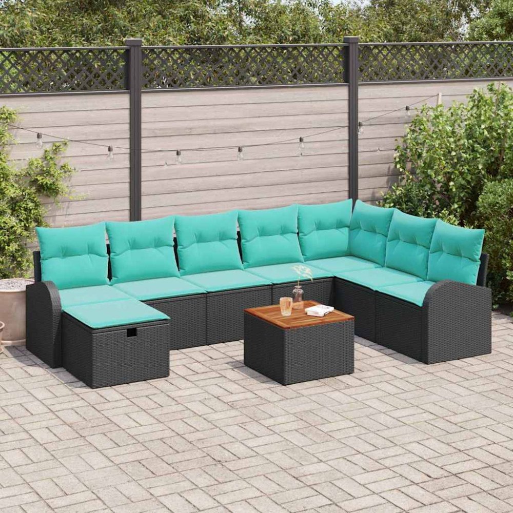 vidaXL Trädgårdsoffset med kudde med lagring 9 pcs Svart Poly rattan