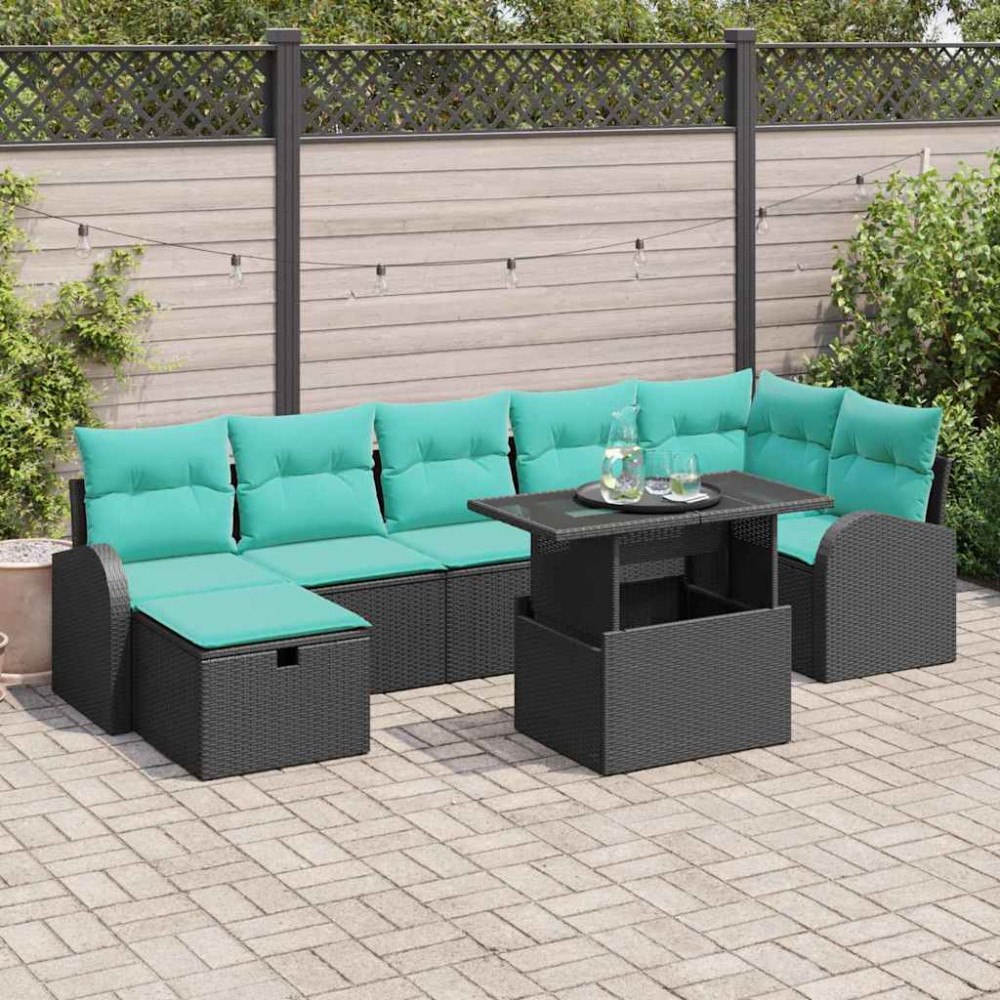 vidaXL Trädgårdsoffset med kudde med lagring 8 pcs Svart Poly rattan