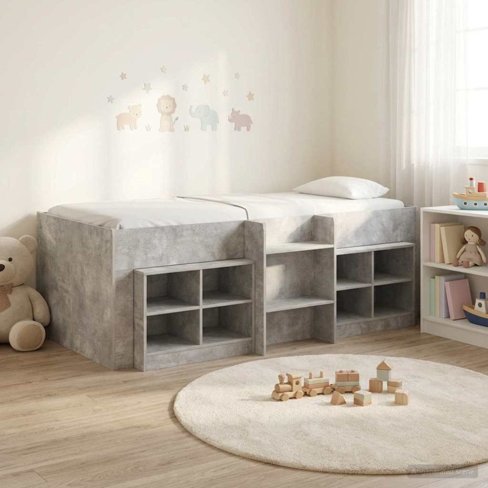 vidaXL Loft sängram med skåp med hylla 3 st Betonggrå Konstruerat trä