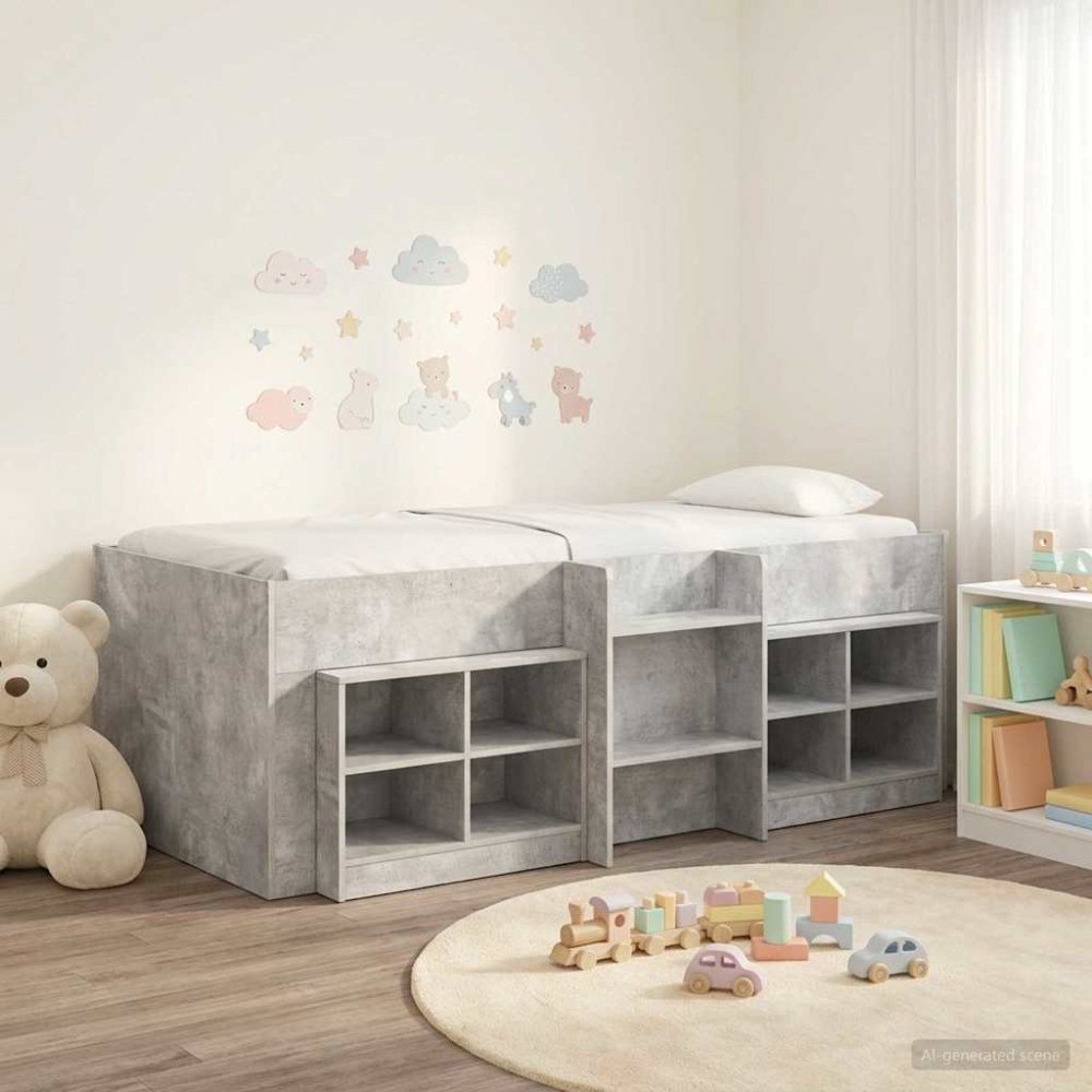 vidaXL Loft sängram med skåp med hylla 3 st Betonggrå Konstruerat trä