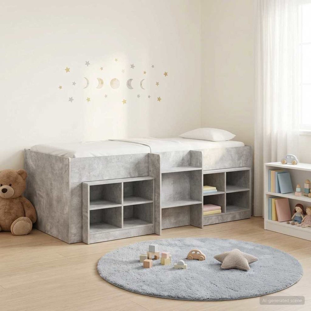 vidaXL Loft sängram med skåp med hylla 3 st Betonggrå Konstruerat trä