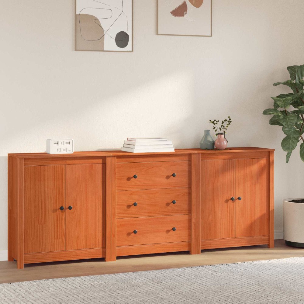 vidaXL Sideboard med låda 3 pcs VaxBrun Massivt furu