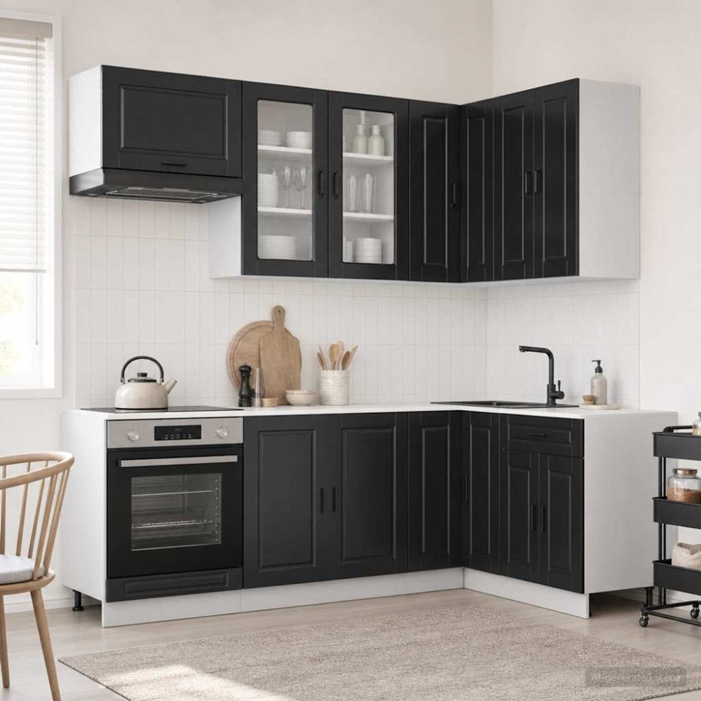 vidaXL Köksenhet PORTO 8 pcs Svart Konstruerat trä