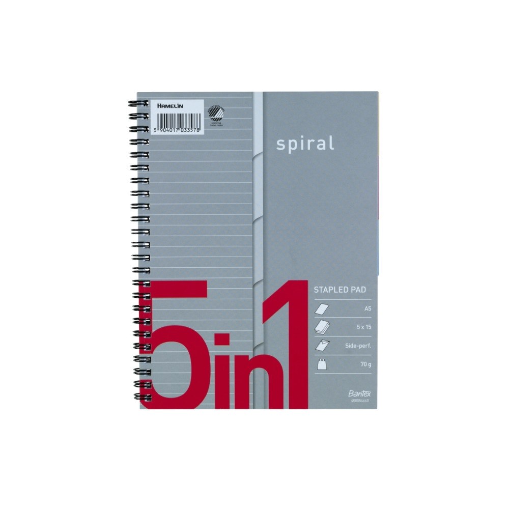 BANTEX Bantex anteckningsblock med spiral A5+ 5in1 med linjer 5x15...