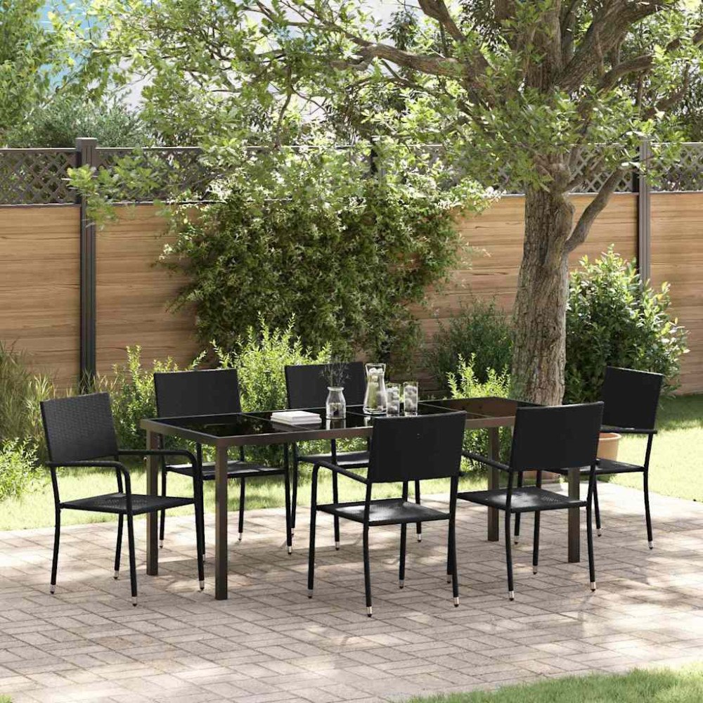 vidaXL Trädgårdsmöbelset med kudde 7 pcs Svart konstrotting