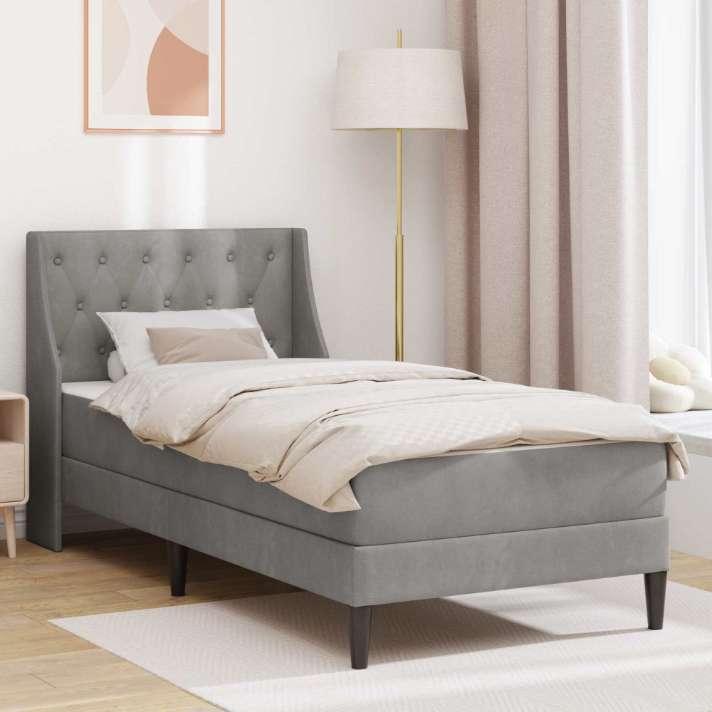 vidaXL Sängram med madrass med huvudgavel Ljusgrå 90 x 190 cm Sammet
