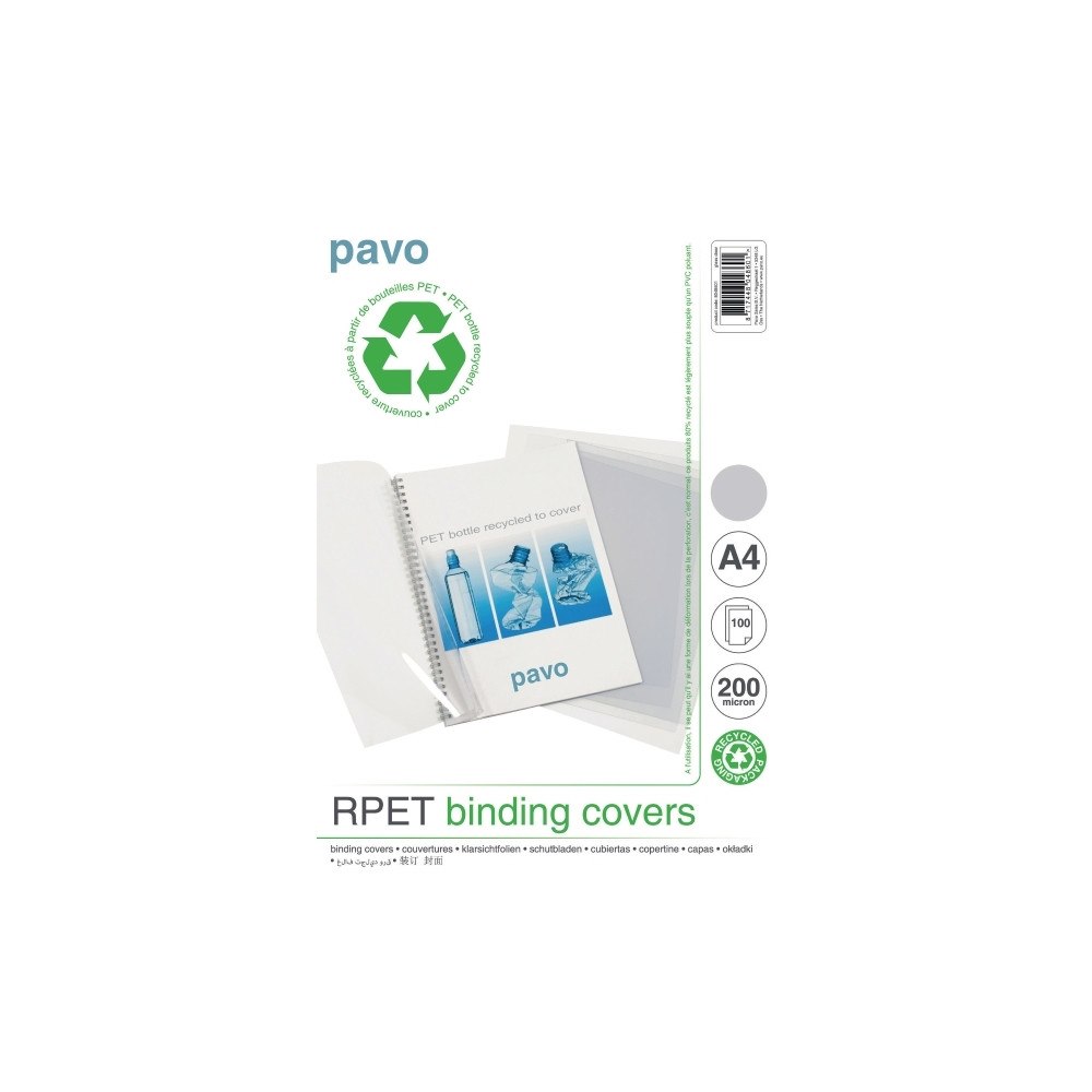 PAVO Inbindningsomslag, Pavo Recycled PET, A4, 200 my, transparen...
