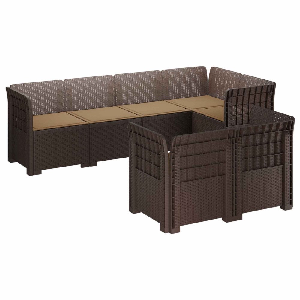 vidaXL 7-sits Soffa med Kuddar Rattanlook PP Brun