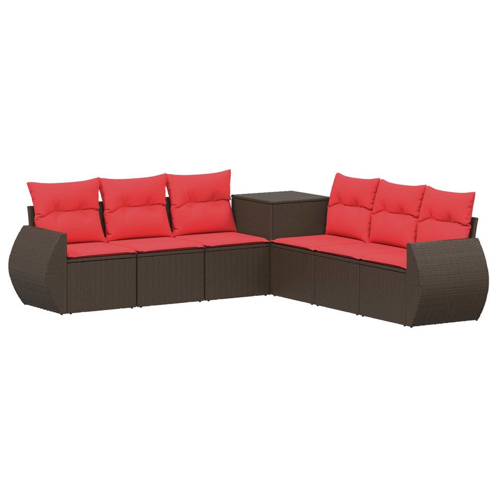 vidaXL Soffset 7 pcs Brun och Röd Poly Rattan och stål