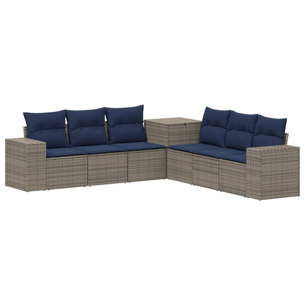 vidaXL Soffset 7 pcs Grå och Marinblå Poly Rattan och stål
