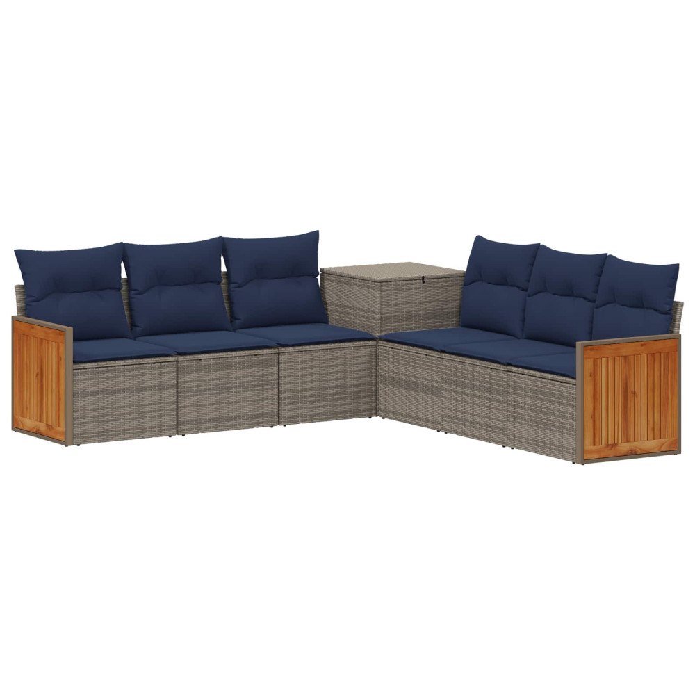 vidaXL Soffset 7 pcs Grå och Marinblå Poly Rattan och stål