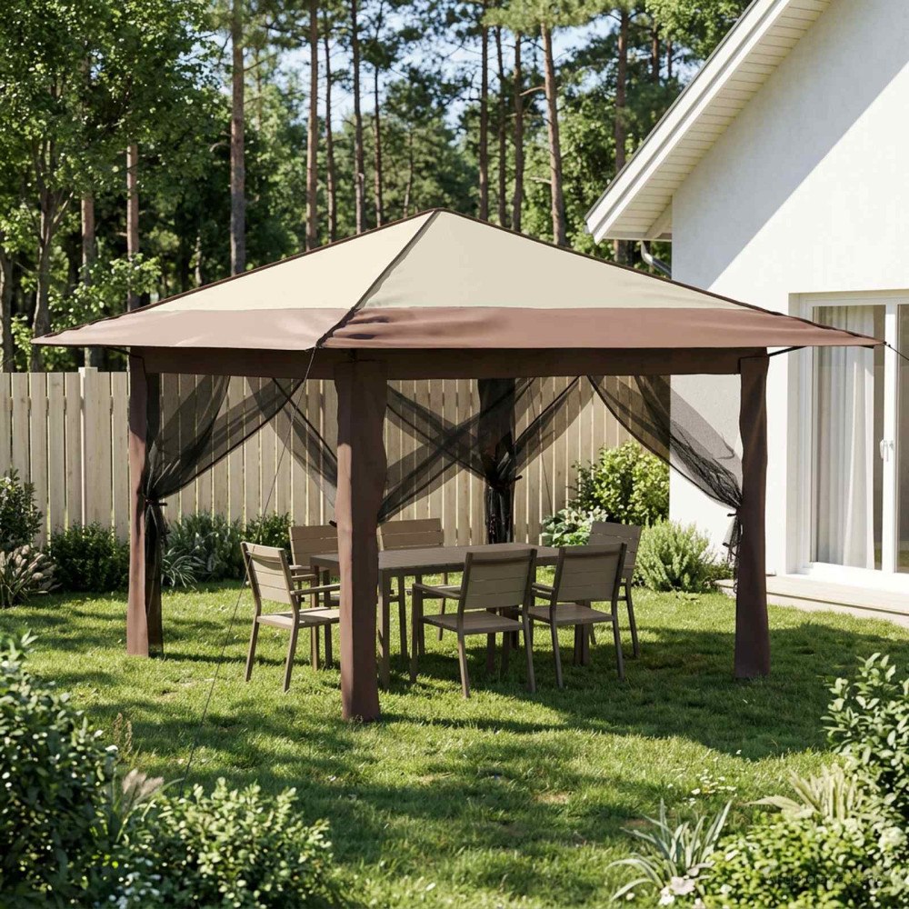 vidaXL Paviljong med 4 sidoväggar 3,3 x 3,3 m Kräm och brun