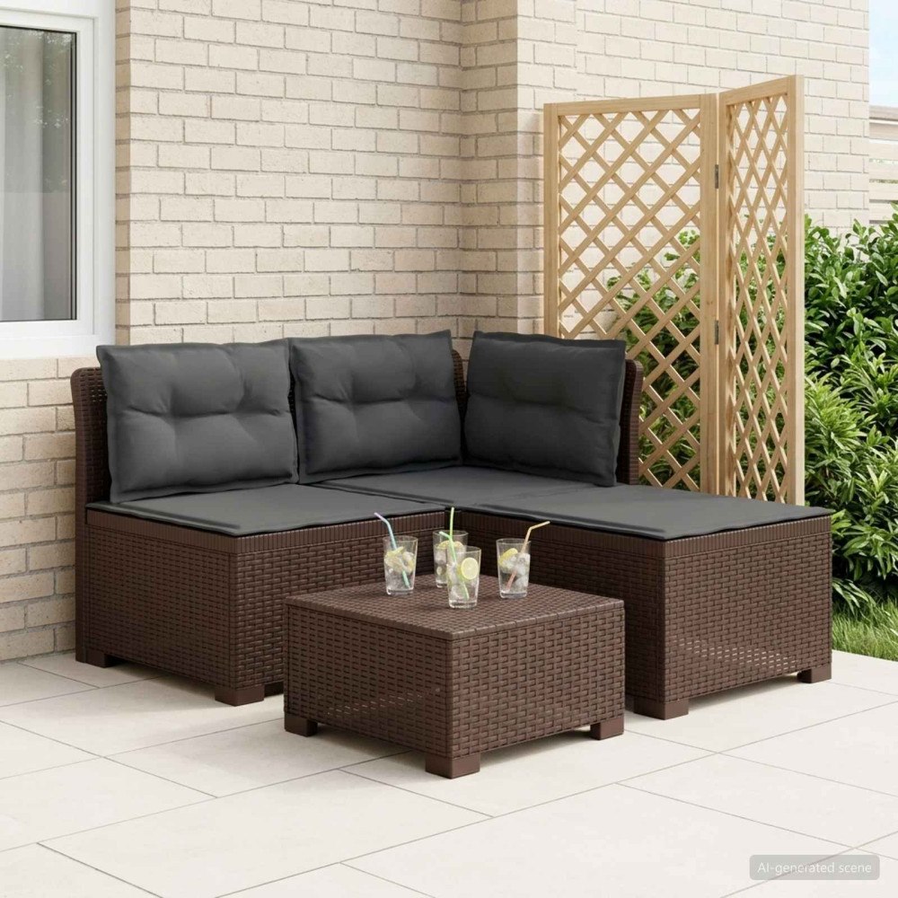 vidaXL 3-sits trädgårdsoffa med kuddar Rattan-look PP Brun