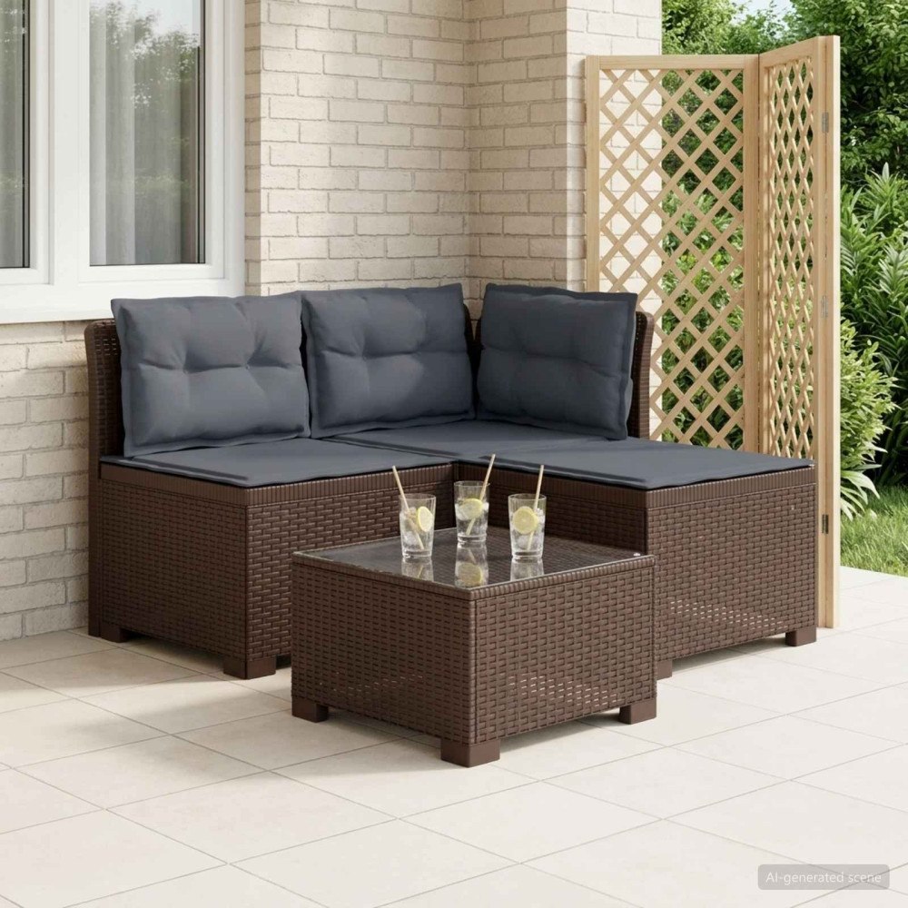 vidaXL 3-sits trädgårdsoffa med kuddar Rattan-look PP Brun