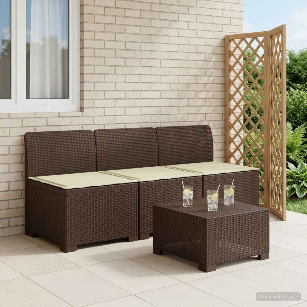 vidaXL 3-sits trädgårdsoffa med kuddar Rattan-look PP Brun