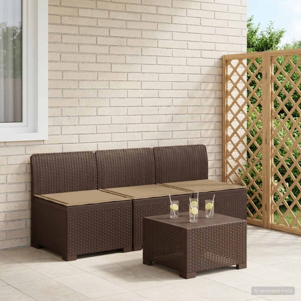 vidaXL 3-sits trädgårdsoffa med kuddar Rattan-look PP Brun