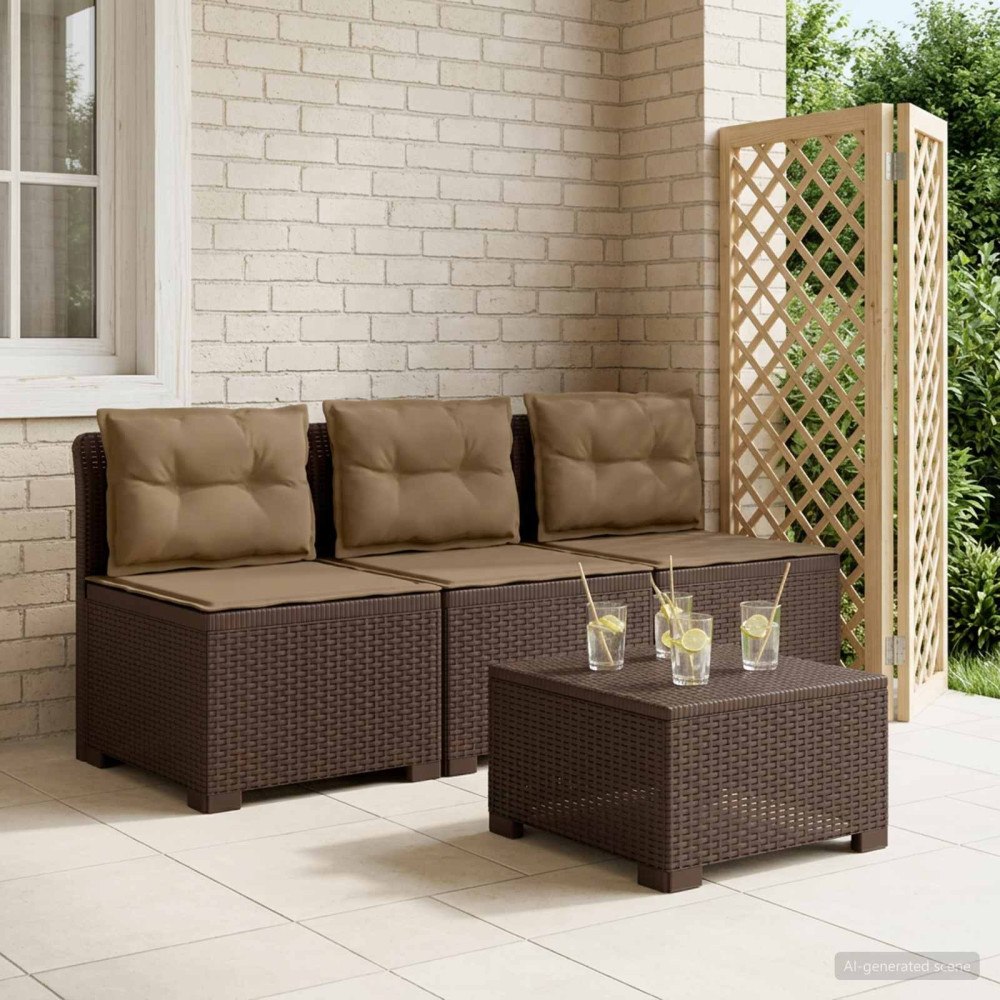 vidaXL 3-sits trädgårdsoffa med kuddar Rattan-look PP Brun