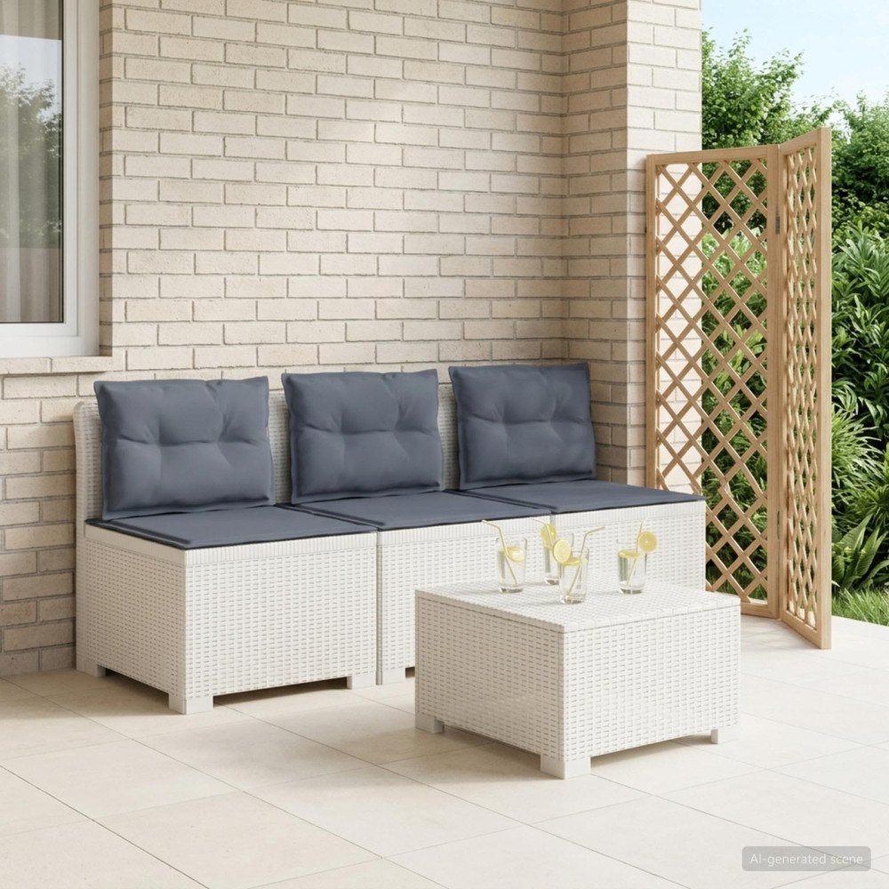 vidaXL 3-sits trädgårdsoffa med kuddar Rattan-look PP Vit