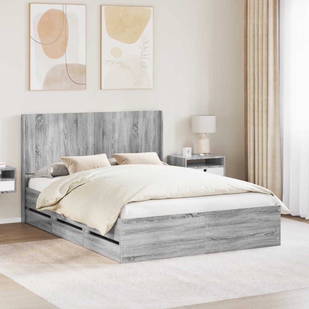 vidaXL Sängram med förvaring och huvudgavel Grå sonoma-ek 140 x 200 cm