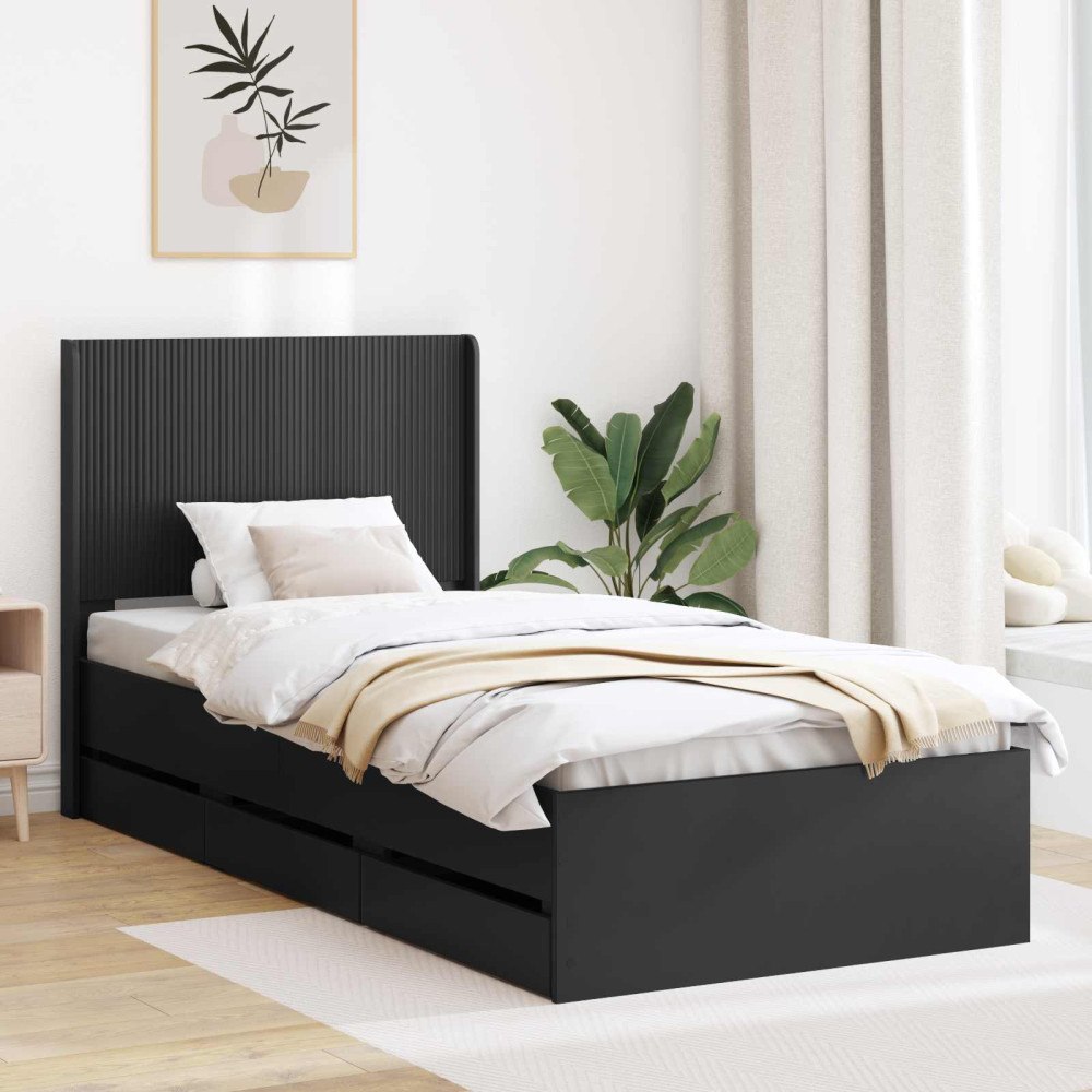 vidaXL Sängram med förvaring och huvudgavel med låda Svart 75 x 190 cm