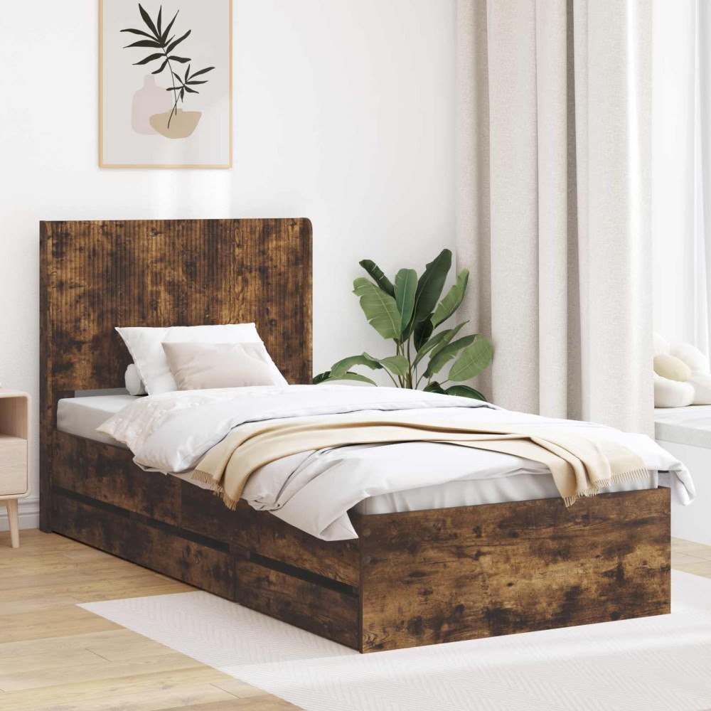 vidaXL Sängram med förvaring och huvudgavel Rökt ek 75 x 190 cm
