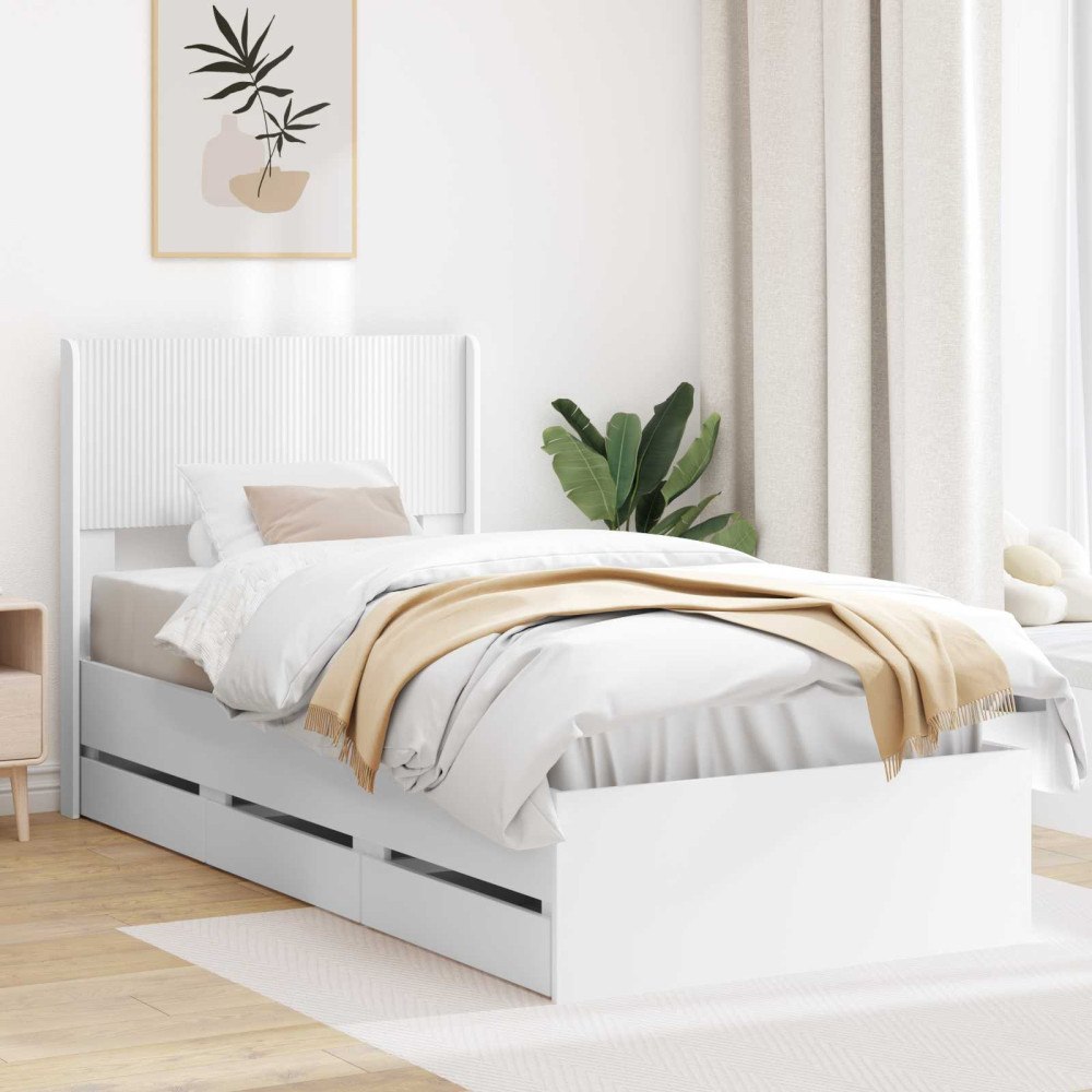 vidaXL Sängram med förvaring och huvudgavel med låda Vit 100 x 200 cm