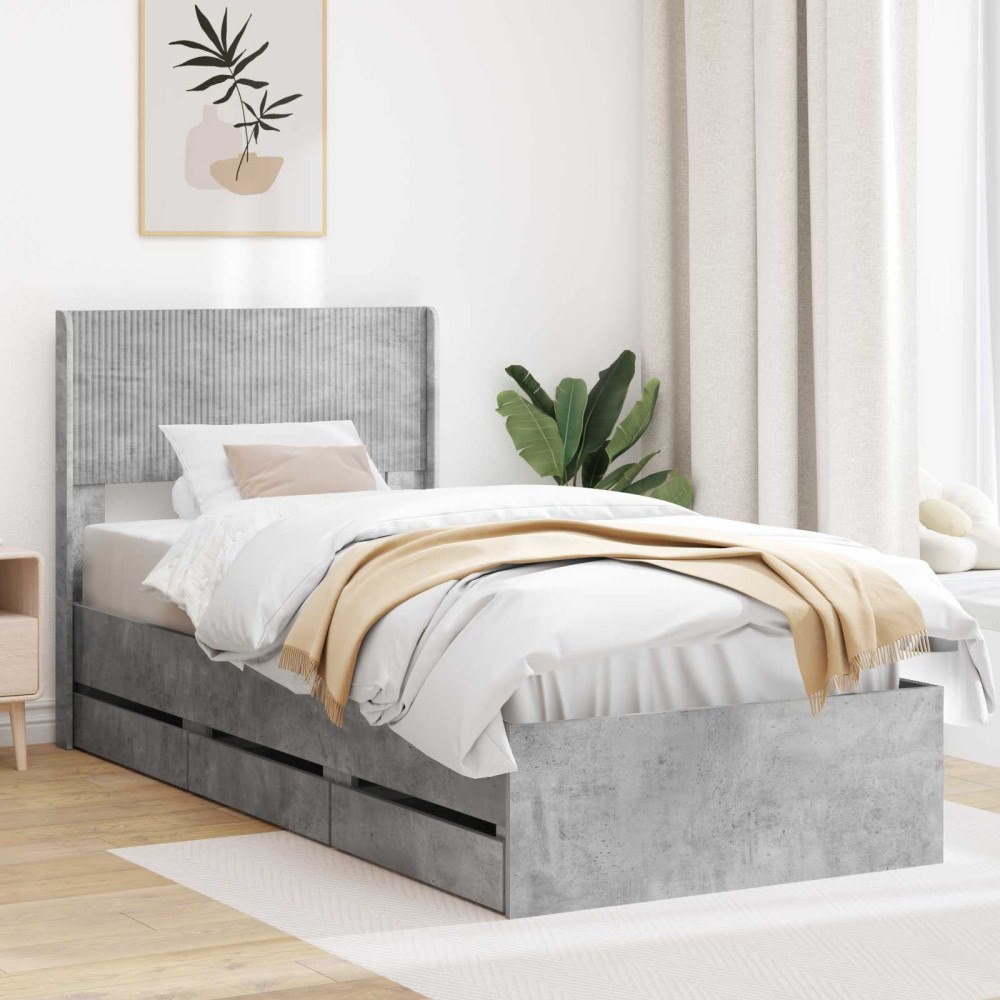 vidaXL Sängram med förvaring och huvudgavel Betonggrå 90 x 190 cm